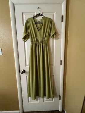Mango Olive Green Lace-Up V-Neck Maxi Dress XXS